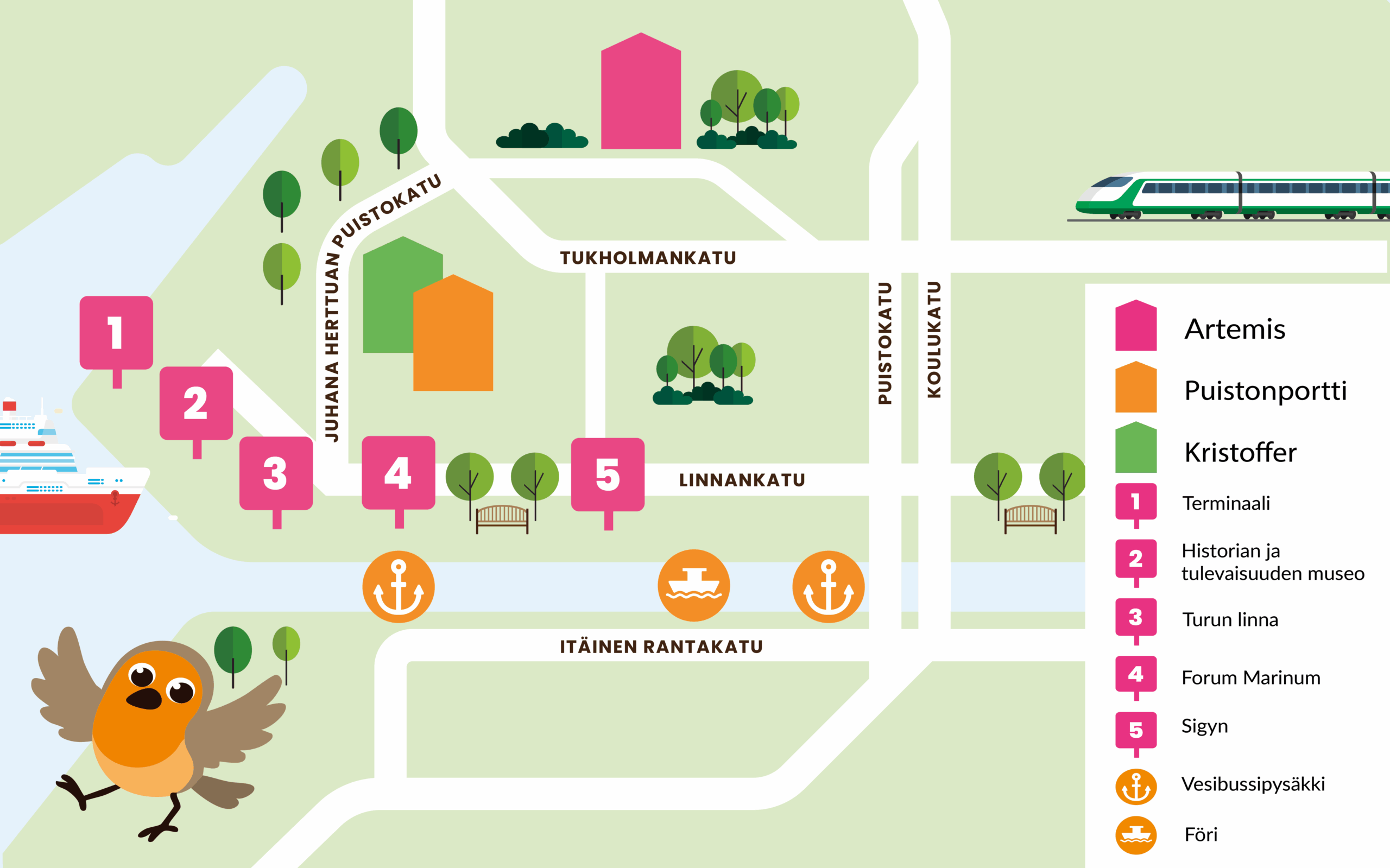 Piirroskartta Turun Linnakaupungista, johon on merkitty erilaisia nähtävyyksiä sekä Vason Linnakaupungin kohteet.